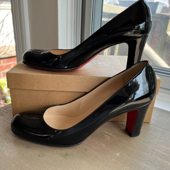 Christian Louboutin Miss Tack 70 Black Patent Leather Block Heel Pumps - Picture 2 of 8